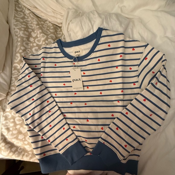 Pact Blue and White Relaxed Long Sleeve 💯 cotton fleece Top - Picture 1 of 5